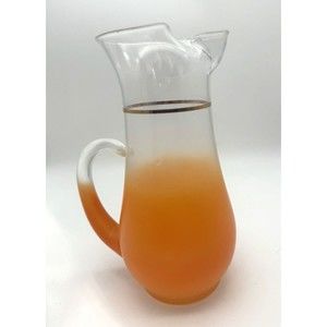 Vintage Orange Ombre Mid Century Modern Frosted Glass Pitcher Gold Trim 9” Tall